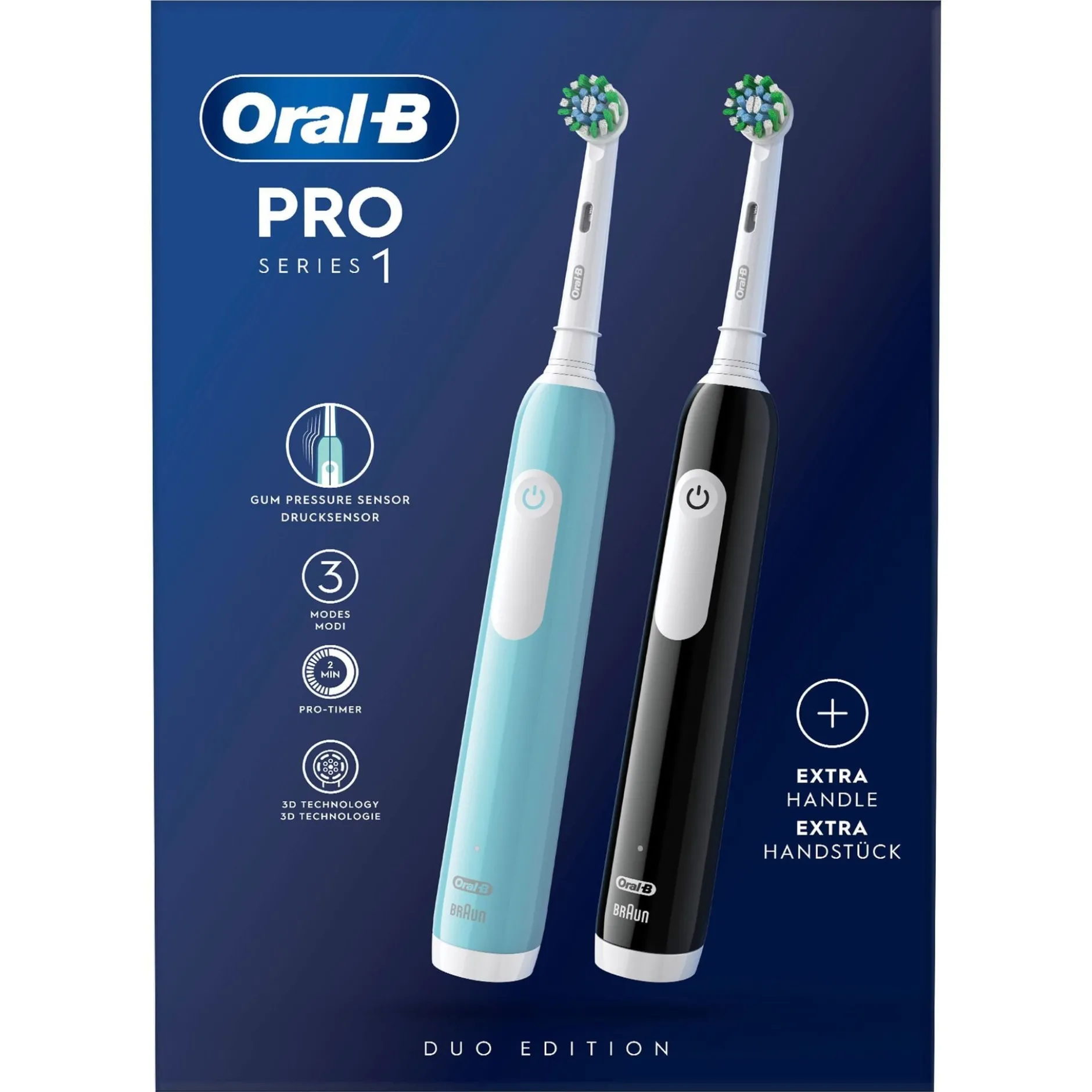 Oral-B Pro 1 Duopack, blå och svart eltandborste, 2 tandborsthuvuden
