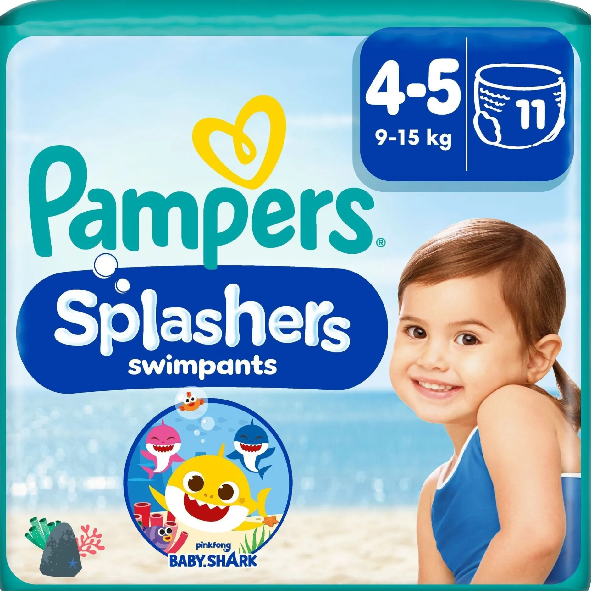 Pampers Splashers Baby Shark Edition Engångsbadblöjor Stl 4-5 (9kg-15kg) 11 st