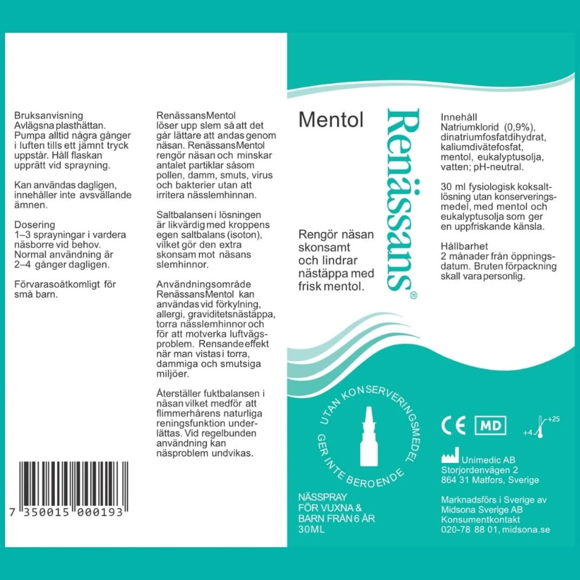 Renässans Nässpray koksaltlösning mentol 30 ml
