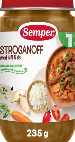Semper Stroganoff med biff och ris från 1 år