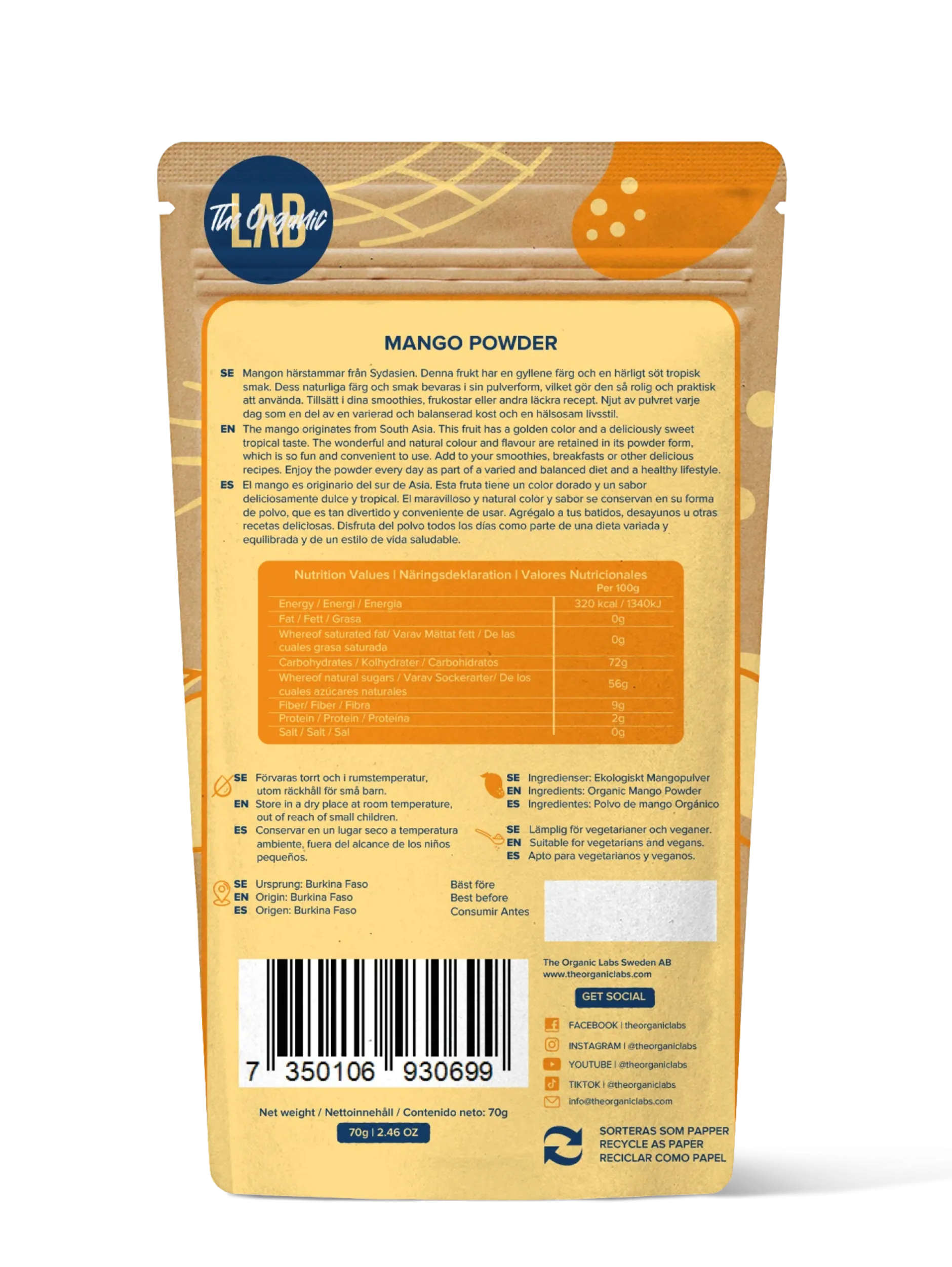 The Organic Labs Mango pulver, 70g