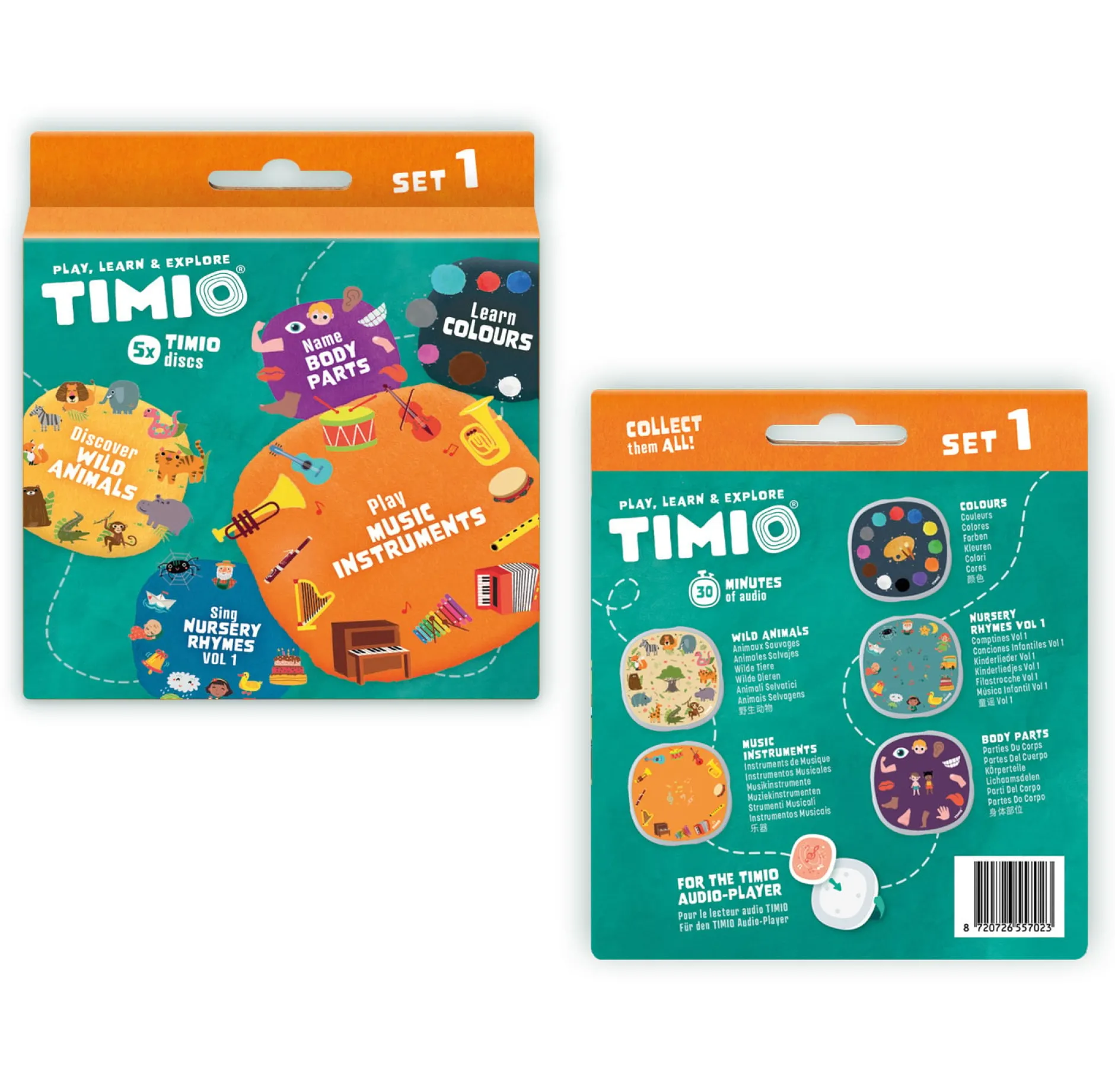 TIMIO Skivset 1 – Vilda djur, Barnvisor, Färger, Musik och Kroppsdelar