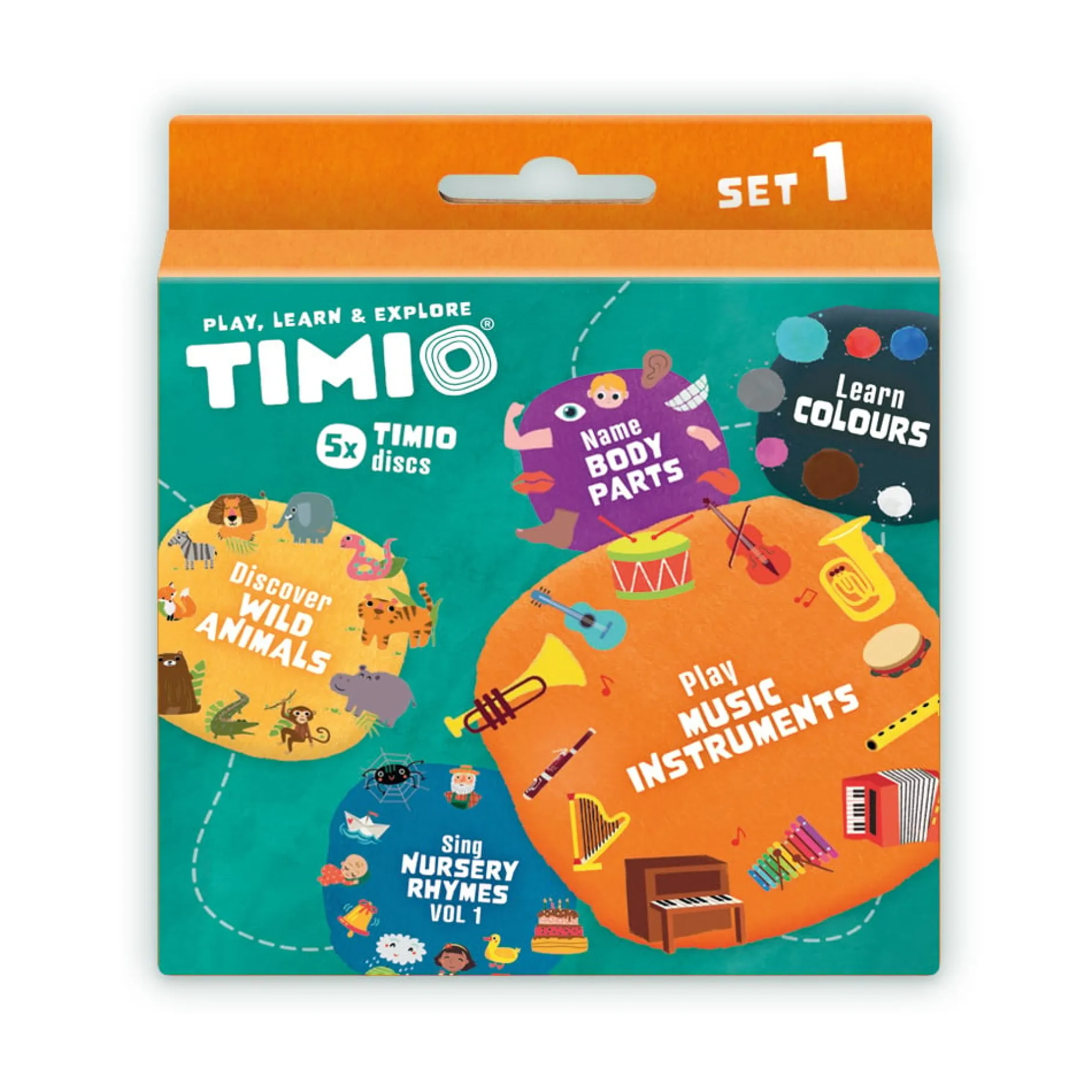 TIMIO Skivset 1 – Vilda djur, Barnvisor, Färger, Musik och Kroppsdelar