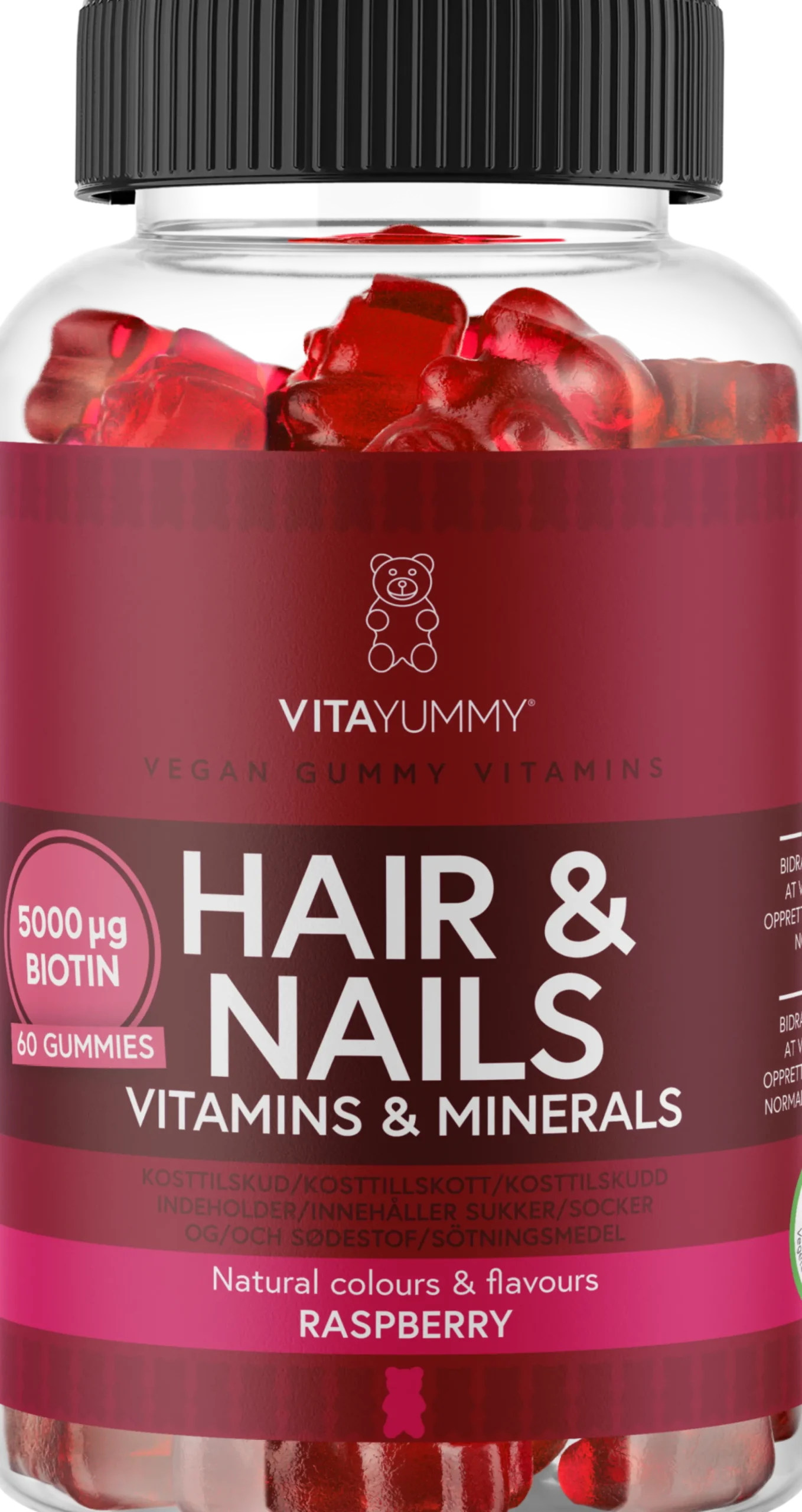 VitaYummy Hair & Nails Vitamins Raspberry 60 tuggtabletter